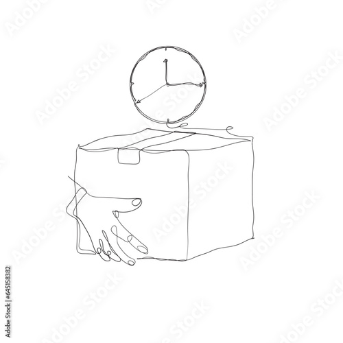 continuous line drawing person holding package box with time sign illustration