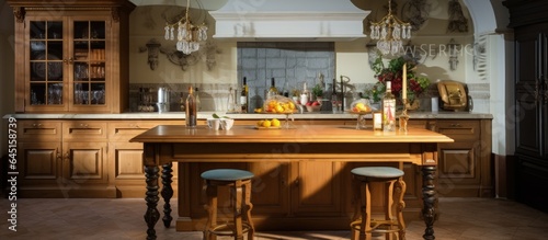 Classical-style table room with kitchen and bar rack.