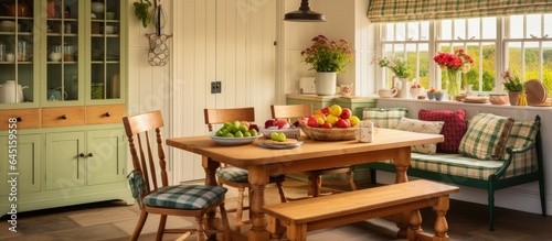 Country style kitchen with vintage cupboard, checkered curtains, wooden dining table, and chairs.