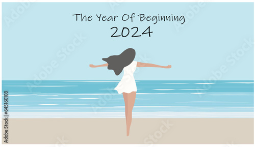 Happy New Year 2024, the year of beginning. Happy woman on beach vector illustration