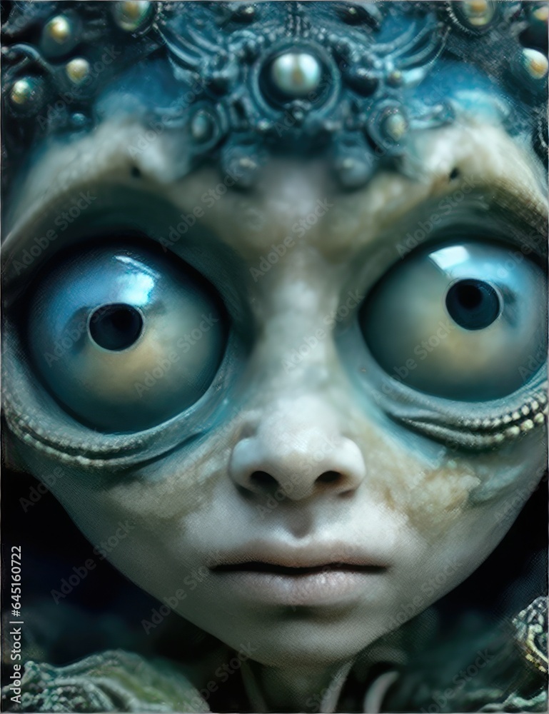 Close-up portrait of a beautiful alien with blue eyes. 3d rendering. Generative AI.
