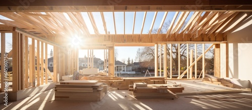 Wooden beams provide support in the frame of a new house being built. photo