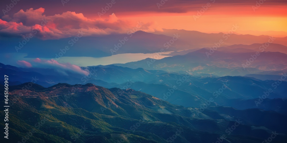 Incredible mountain landscape with a river in the distance at dawn. AI Generation Incredible mountain landscape with a river in the distance at dawn. AI Generation