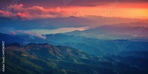Incredible mountain landscape with a river in the distance at dawn. AI Generation 