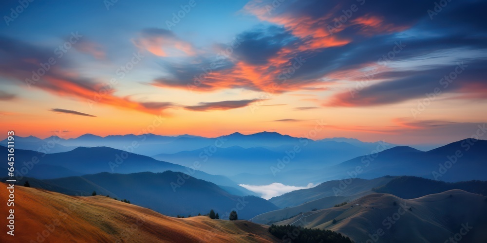 Incredible mountain landscape with hills and blue mountains at dawn. AI Generation 