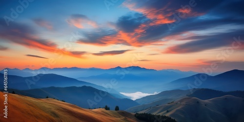 Incredible mountain landscape with hills and blue mountains at dawn. AI Generation 
