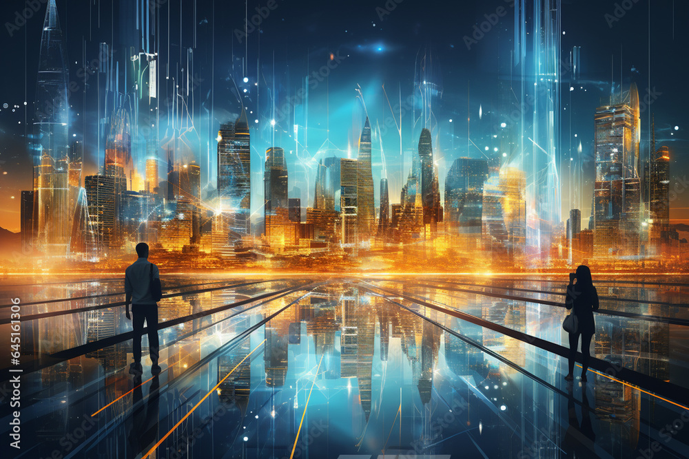 Businessman looking at night city with skyscrapers. 3D rendering