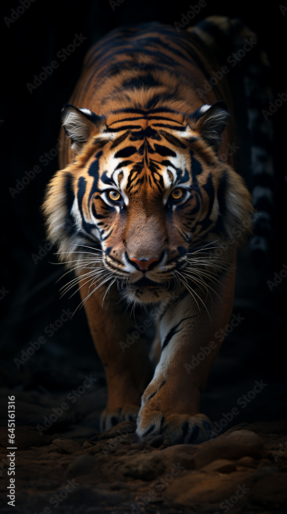 the photo of a walking tiger on a black background, in the style of dutch realism the photo of a walking tiger on a black background, in the style of dutch realism