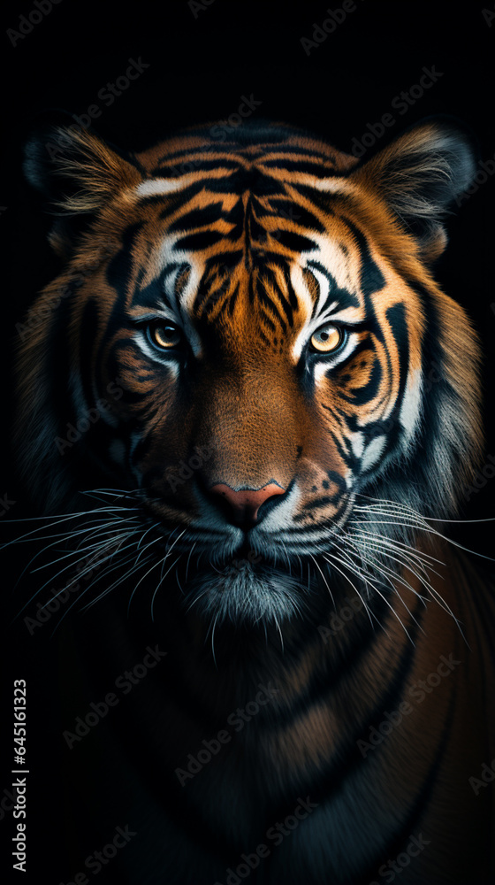 a close up image of tiger face in a black background