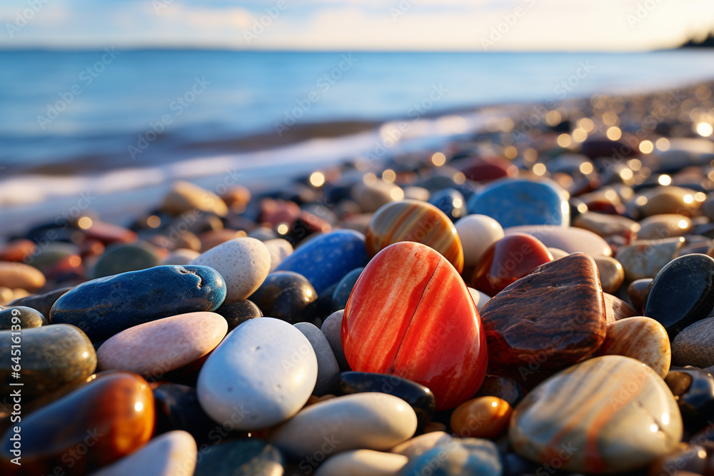 Colorful stones on the beach at sunset. Beautiful natural background. - obrazy, fototapety, plakaty 