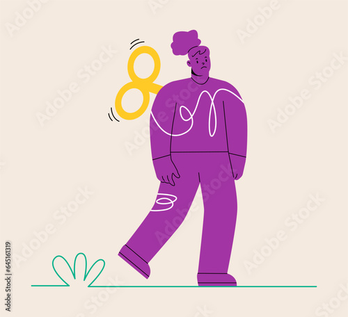 Hand turning winder on woman person's back. Control concept. Colorful vector illustration
