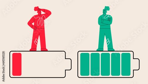 Life energy. Woman with red low battery, woman with green full level. Colorful vector illustration