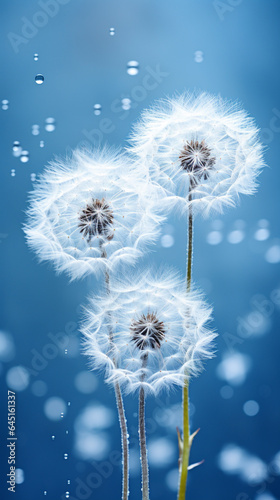 a  snowy dandelions in front of a blue background  in the style of nature-inspired forms  ethereal images