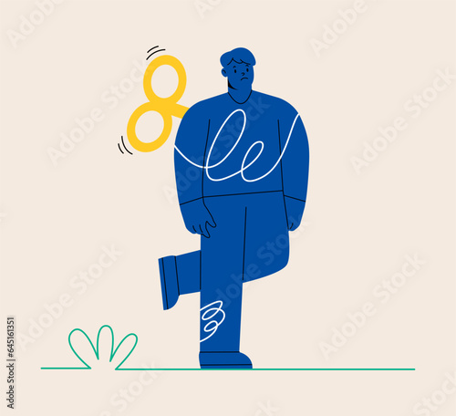 Hand turning winder on man person's back. Control concept. Colorful vector illustration