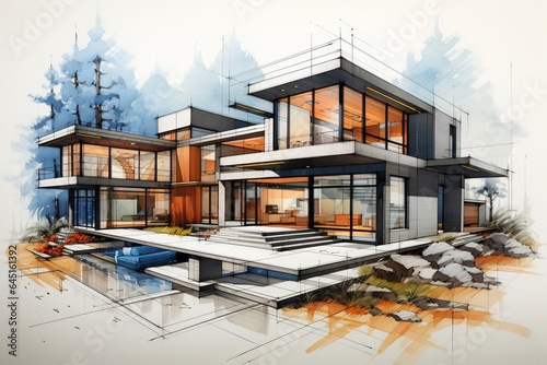 3d rendering of modern cozy house with pool Black line sketch with watercolor background.
