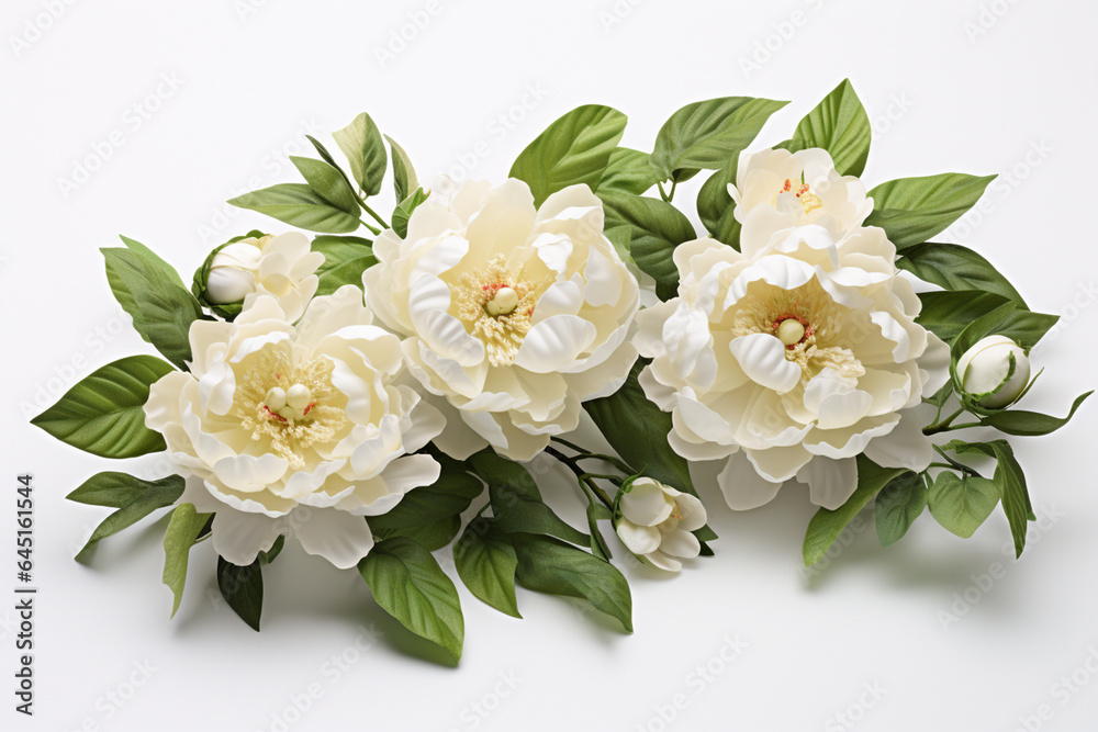 White peony flowers with green leaves on white background, top view