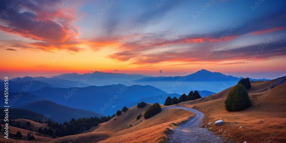 Incredible mountain landscape with a road in the foreground and blue mountains at dawn. AI Generation 