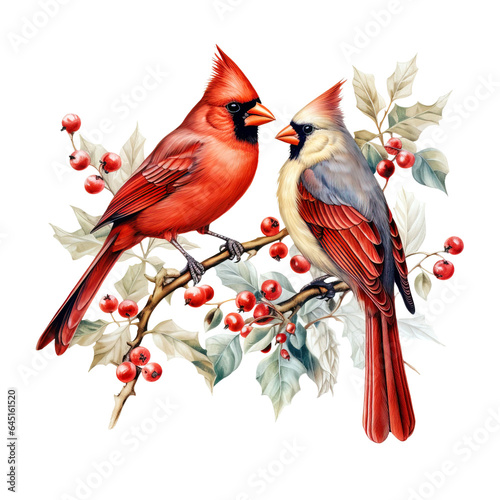 A Christmas red cardinals bird on holly branch with green leaves and red berries Clipart isolated on Transparent Background.