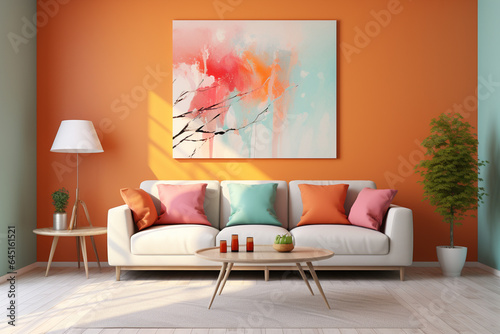 Interior of modern living room with orange walls, wooden floor and white sofa with orange cushions
