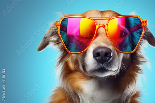 Funny dog with sunglasses on blue background. 3D illustration. © Creative