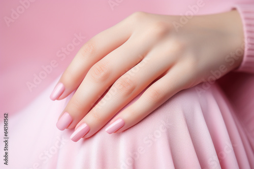 Female hands with pink nail design. Female hands with pink manicure.