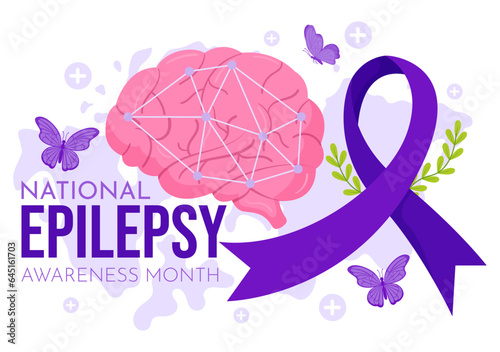 Epilepsy Awareness Month Vector Illustration is Observed Every Year in November with Brain and Mental Health in Flat Cartoon Purple Background