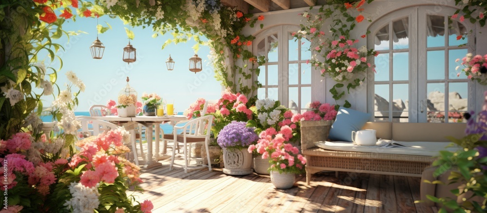 Flower-filled house terrace in summer.