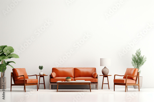 Modern living room interior with brown sofa, bookshelf and coffee table. 3d render