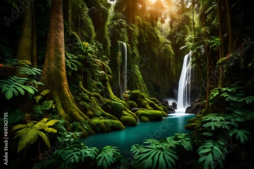 A lush tropical rainforest with tall trees, colorful plants, and a waterfall