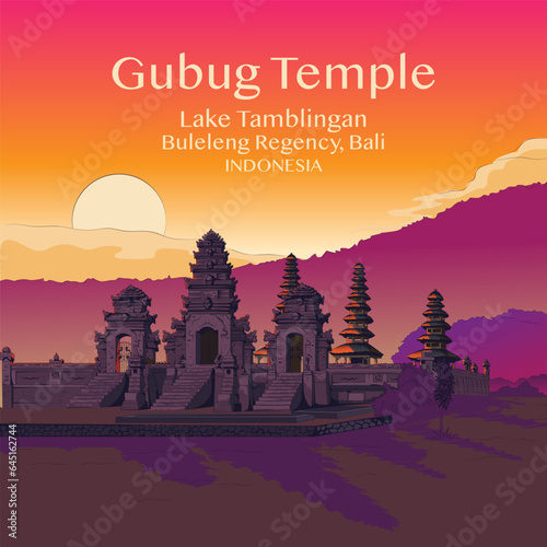 Gubug temple at sunset colored illustration.
the Ancient Pura Gubug Temple is located near lake Tamblingan. this one of the old temples of Balinese Hindu people.