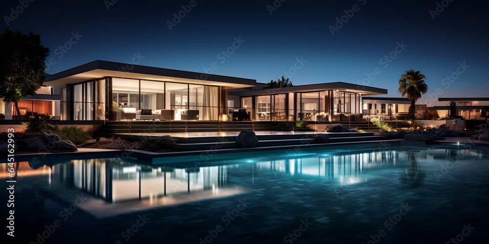 Luxurious modern house with a big rectangle shape pool