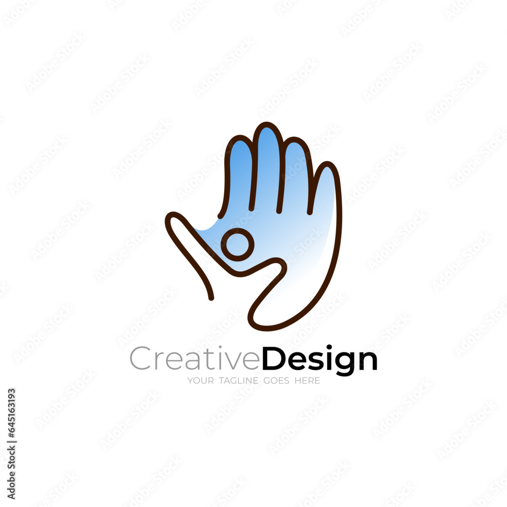 Fototapeta premium People care logo and hand design vector, line style design , blue