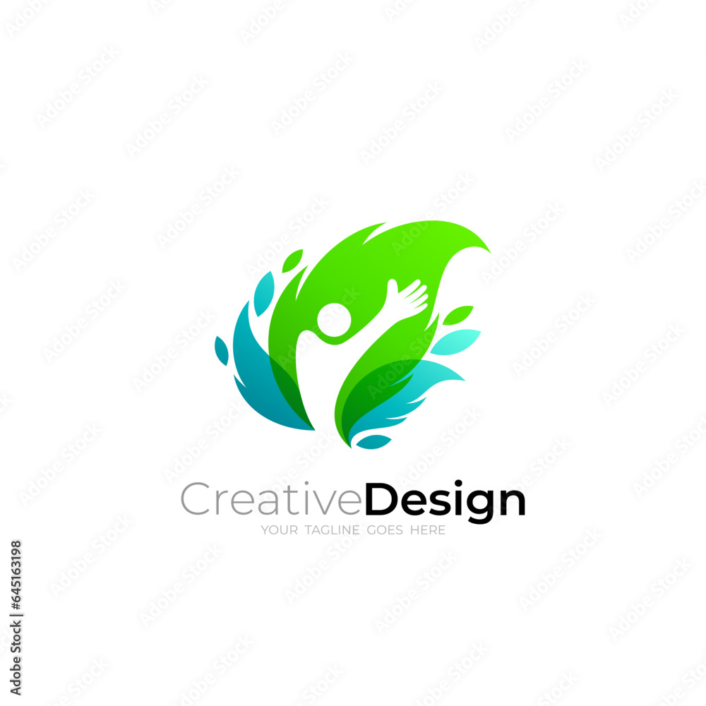 Leaf logo and people design nature, green color, tree icons