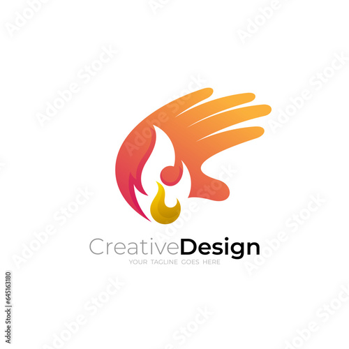 Hand and fire logo design combination, flame icons