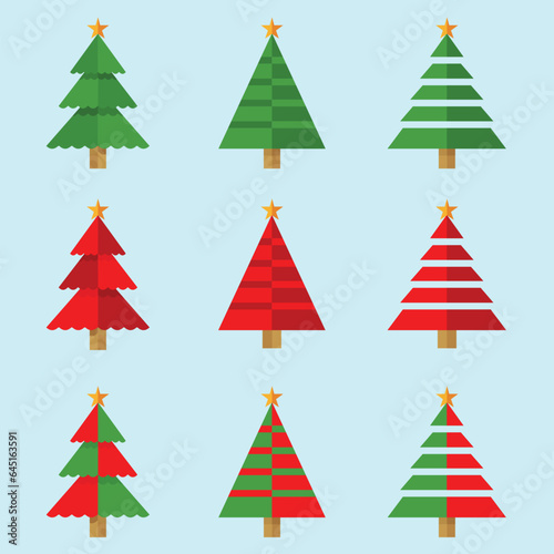 Vector set of cartoon Christmas pine trees for greeting cards, invitations, banners, web, new year and traditional christmas tree symbols, stars.Winter holidays icon collection.