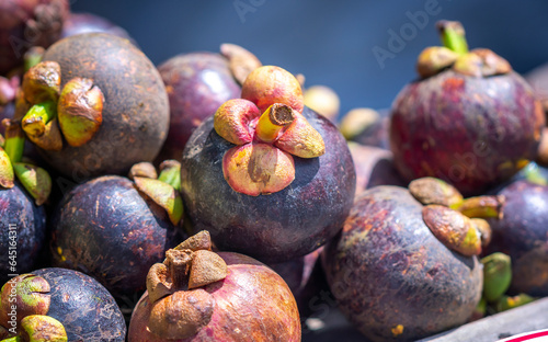 Mangosteen fruit for sale at the market, Vietnam fruits, specialties from Lai Thieu region, Binh Duong photo
