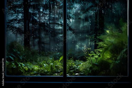 The window with raindrops gives off a mood of melancholy  nostalgia  contemplation and a view of the forest at night.