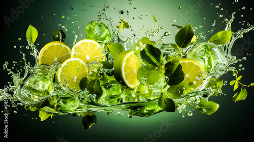 Green limes and lime juice splashing photo