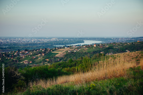 Panoramic view of the city of Novi Sad in Serbia from the top of Mount Fruska. View of the forest, fields, suburbs, city, the Danube River and bridges in spring sunny day
