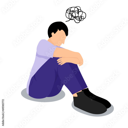 man suffering from mental illness, depressed man sitting on the floor with complicated thinking