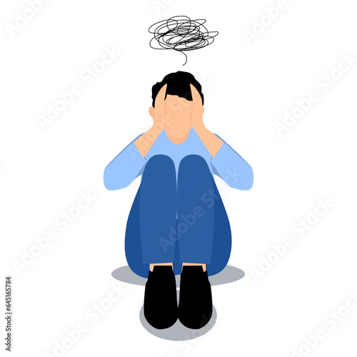 man suffering from mental illness, depressed man sitting on the floor with complicated thinking