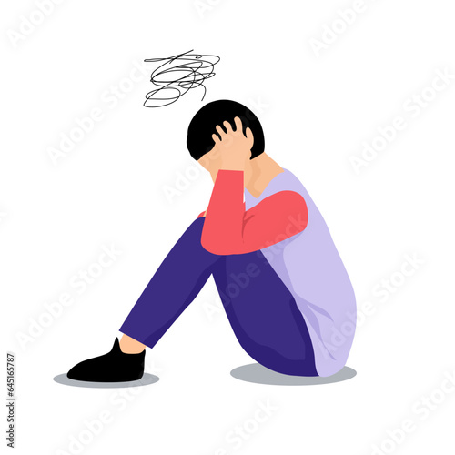 man suffering from mental illness, depressed man sitting on the floor with complicated thinking