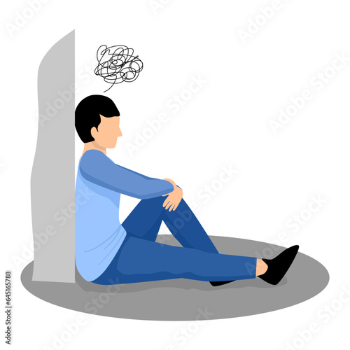 man suffering from mental illness, depressed man sitting on the floor with complicated thinking