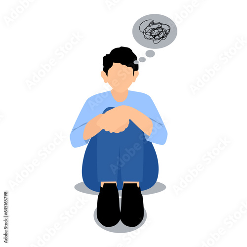 man suffering from mental illness, depressed man sitting on the floor with complicated thinking