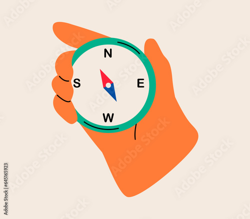 Hand hold compass in hand. Colorful vector illustration