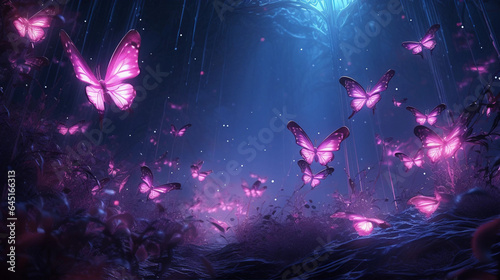 Glowing Pink and Purple Butterflies in a Dark Forest Backdrop