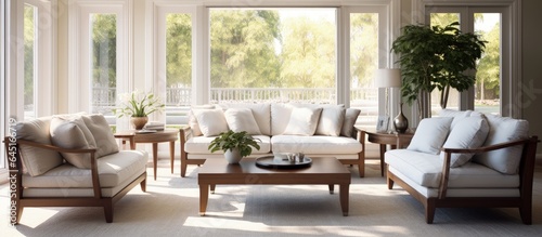 Sunlit living room with stylish furniture arrangement. © Vusal