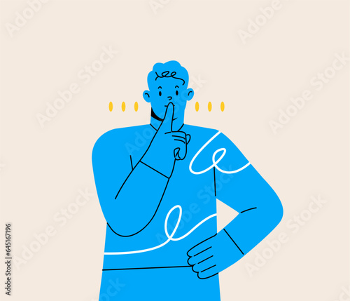 Man shows a gesture of quiet, do not make noise. Colorful vector illustration