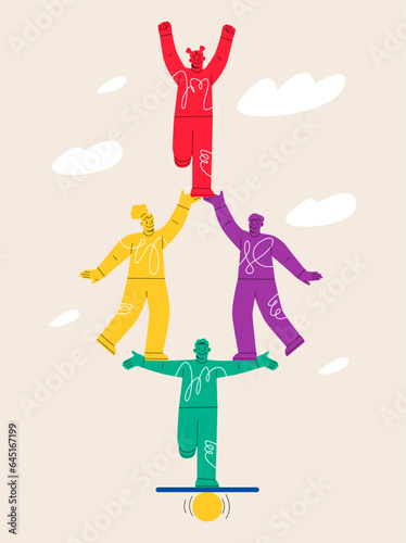 Teamwork and corporate recreation and yoga courses. A good balance. Colorful vector illustration