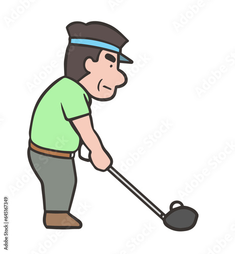 ゴルフスイングをする男性、ドライバーショットのアドレス、後方1